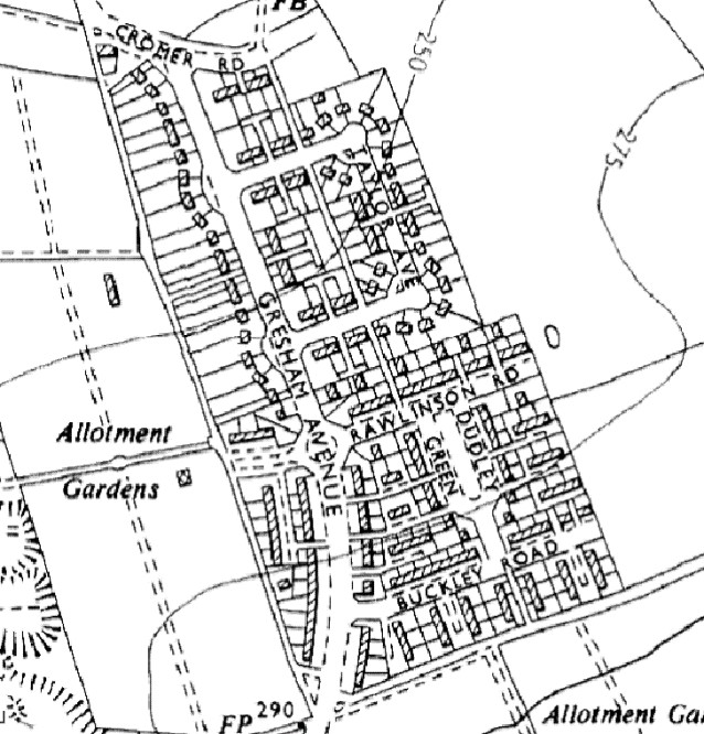 Lillington prefabs around Dudley Green (Warwickshire Currrent and Historical Maps). Prefabs
